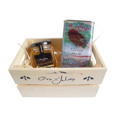 Caja con Miel Pura Oro del Yelmo y Aceite de Oliva Virgen Extra Temprano, con D.O. Sierra de Cazorla, variedad Royal Rotalaya