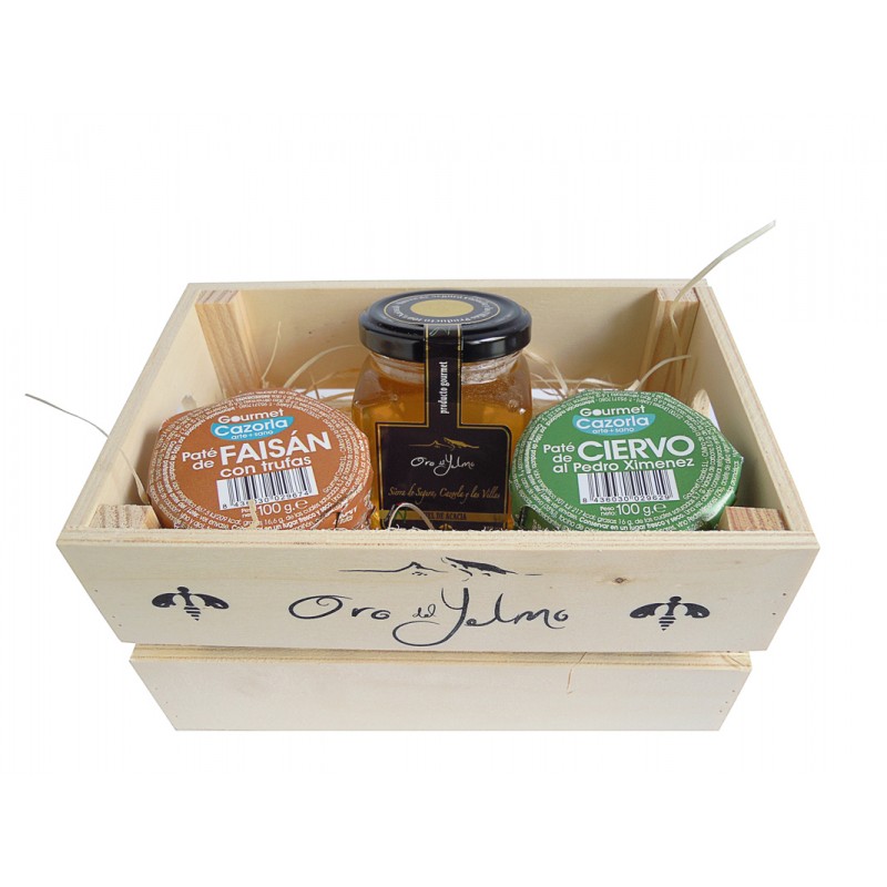 Caja con Miel Pura Oro del Yelmo y Patés de Faisán con Trufas y Ciervo al Pedro Ximénez de Gourmet Cazorla Caja con Miel Pura Oro del Yelmo y Patés de Faisán con Trufas y Ciervo al Pedro Ximénez de Gourmet Cazorla