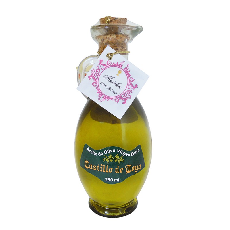 Botella "Egipcia" de 250 ml de AOVE Picual D.O. Sierra de Cazorla con Etiqueta colgante con cordón dorado Botella "Egipcia" de 250 ml de AOVE Picual D.O. Sierra de Cazorla con Etiqueta colgante con cordón dorado