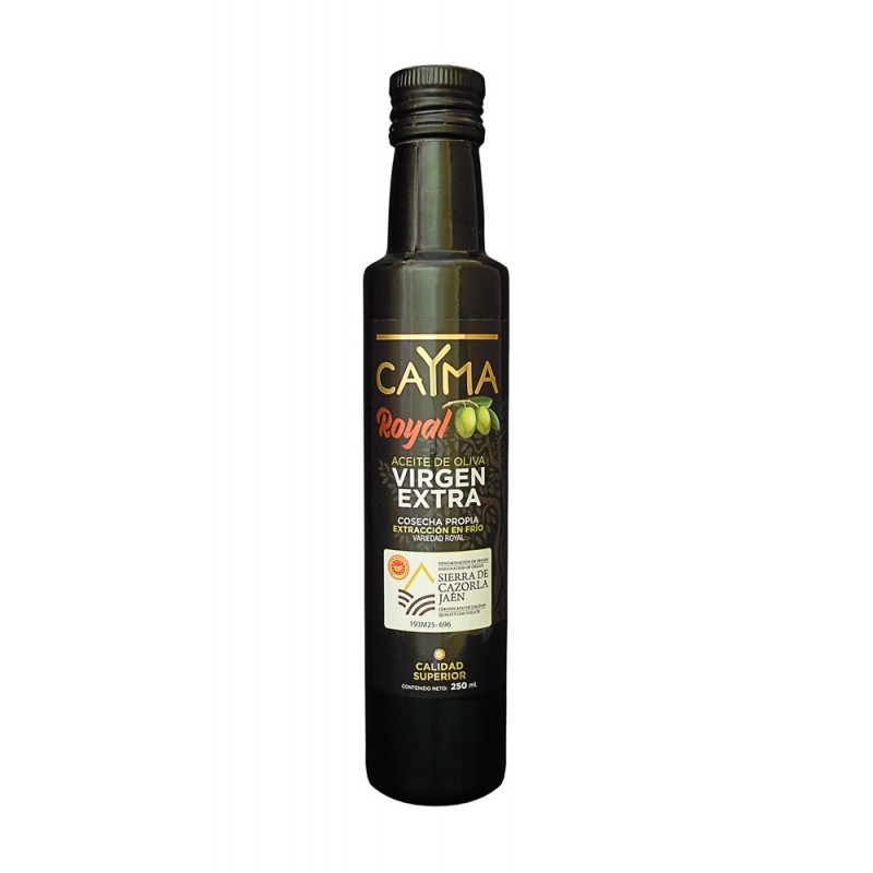 Botella de 250 ml de Aceite de Oliva Virgen Extra Cosecha propia variedad Royal D.O. Sierra de Cazorla CAYMA Botella de 250 ml de Aceite de Oliva Virgen Extra Cosecha propia variedad Royal D.O. Sierra de Cazorla CAYMA