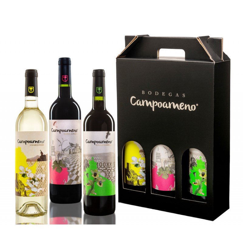 Estuche de Vinos Campoameno Chardonnay, Campoameno Tinto Joven y Campoameno Syrah Barrica Estuche de Vinos Campoameno Chardonnay, Campoameno Tinto Joven y Campoameno Syrah Barrica