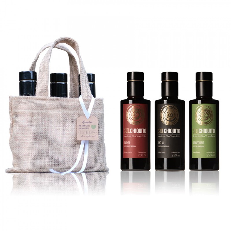 Bolsa regalo con 3 botellas de AOVE Temprano variedades Royal, Picual y Arbequina 250 ml Sol Chiquito Bolsa regalo con 3 botellas de AOVE Temprano variedades Royal, Picual y Arbequina 250 ml Sol Chiquito