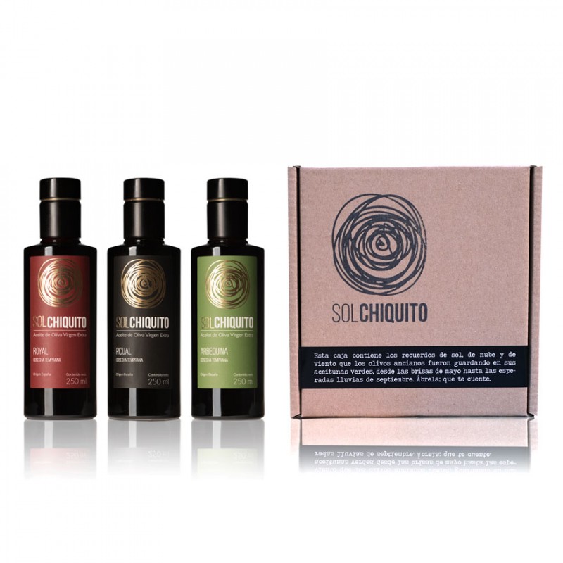 Caja regalo con 3 botellas de AOVE Temprano 250 ml Sol Chiquito Caja regalo con 3 botellas de AOVE Temprano 250 ml Sol Chiquito