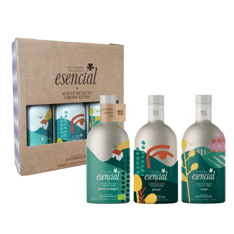 Estuche Premium de 3 botellas de 500 ml AOVE Verdes Picual ecológico, Picual y Royal con D.O. Sierra de Cazorla