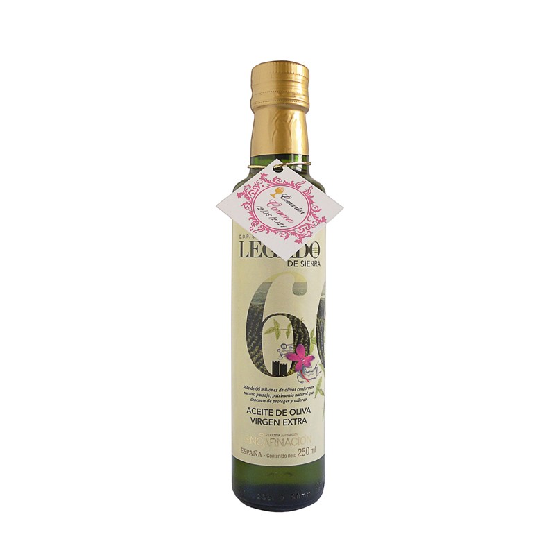 Botella de 250 ml de Aceite de Oliva Virgen Extra con D.O. Sierra de Cazorla con Etiqueta colgante con cordón dorado