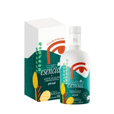 Botella de cristal de 500 ml de AOVE Verde variedad Picual D.O. Sierra de Cazorla con estuche regalo