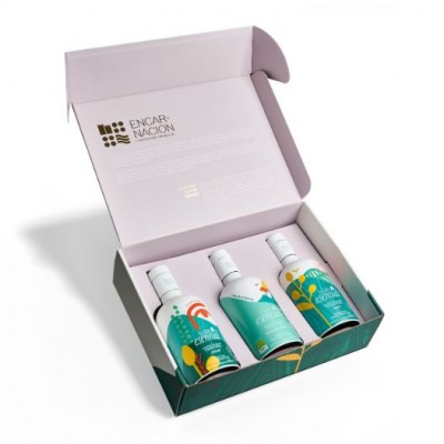 Cofre Premium de 3 botellas de 500 ml AOVE Verdes Picual ecológico, Picual y Royal con D.O. Sierra de Cazorla