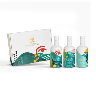 Cofre regalo de 3 botellas de 500 ml AOVE Verdes Picual ecológico, Picual y Royal con D.O. Sierra de Cazorla